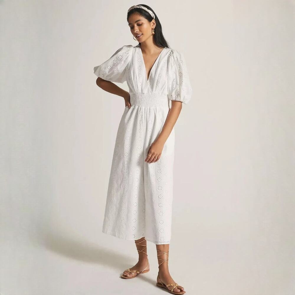 Anthropologie Hutch Smocked-Waist Eyelet Jumpsuit White Size XS